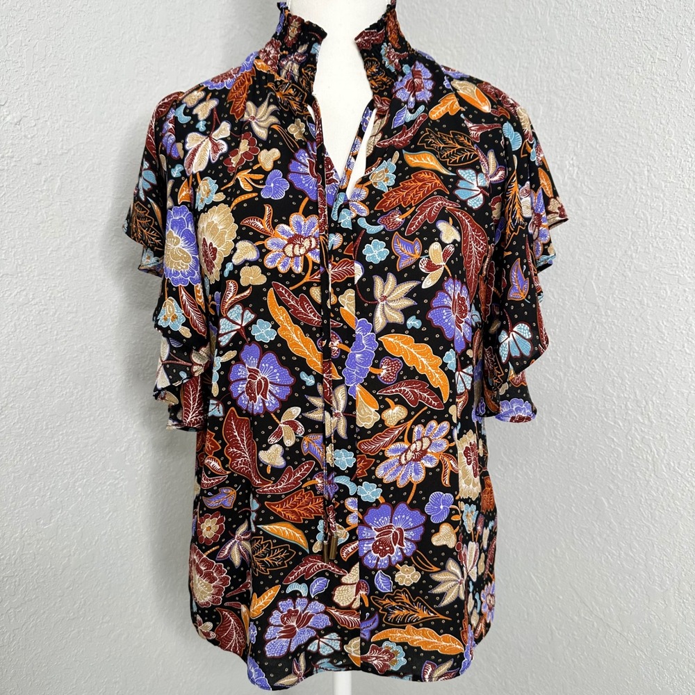 Tahari Floral Print Ruffle‎ Sleeve Blouse Smocked Neck Women's Top
